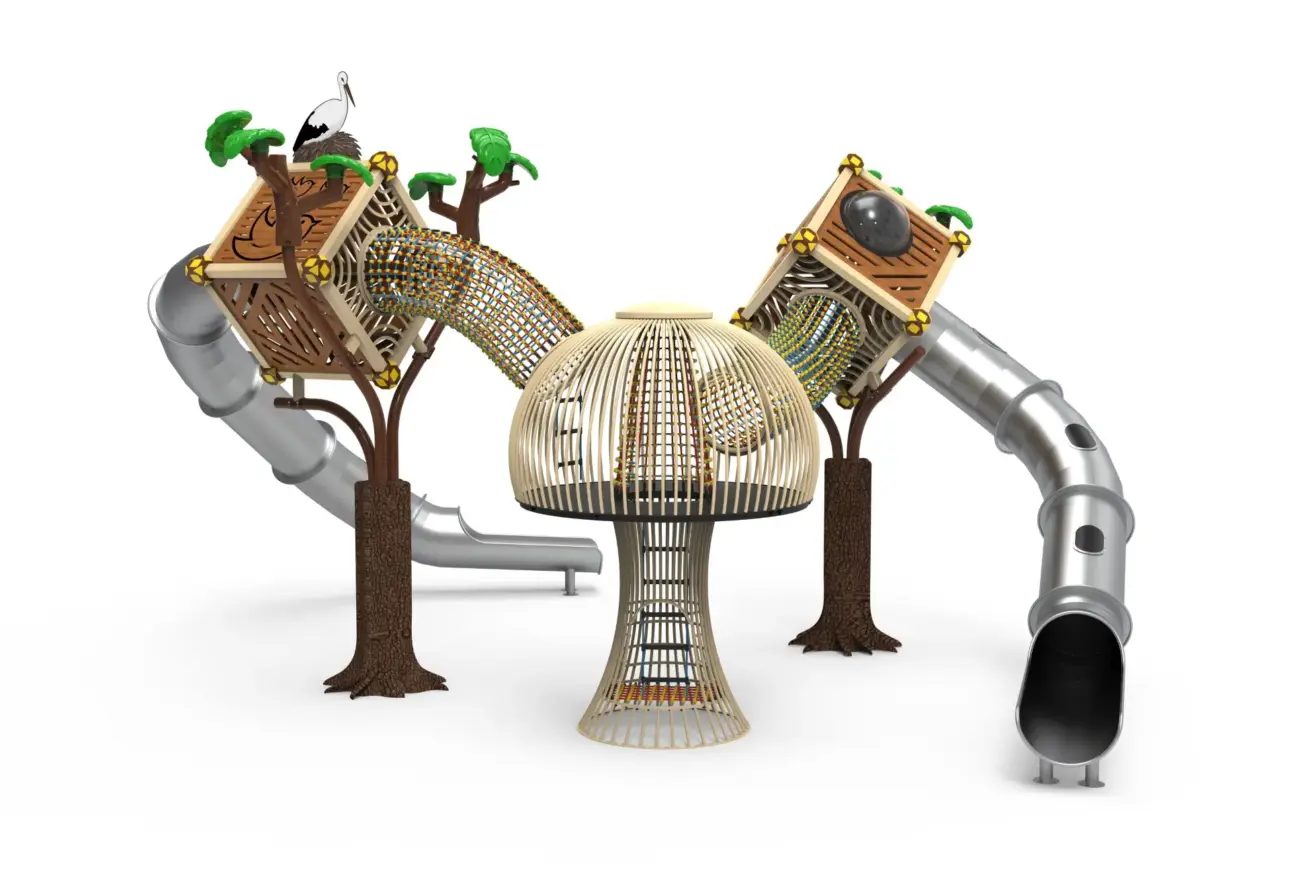 Aire de jeux moderne thème arbre avec toboggans et filet.