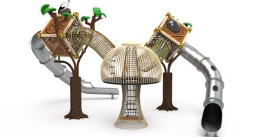 Aire de jeux moderne thème arbre avec toboggans et filet.