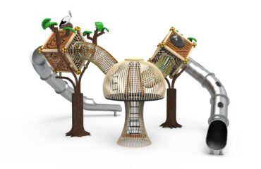 Aire de jeux moderne thème arbre avec toboggans et filet.