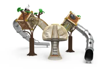 en 16630 ou en 1176 quelle norme choisir pour un fitness outdoor ou une aire de jeux Aire de jeux moderne thème arbre avec toboggans et filet.