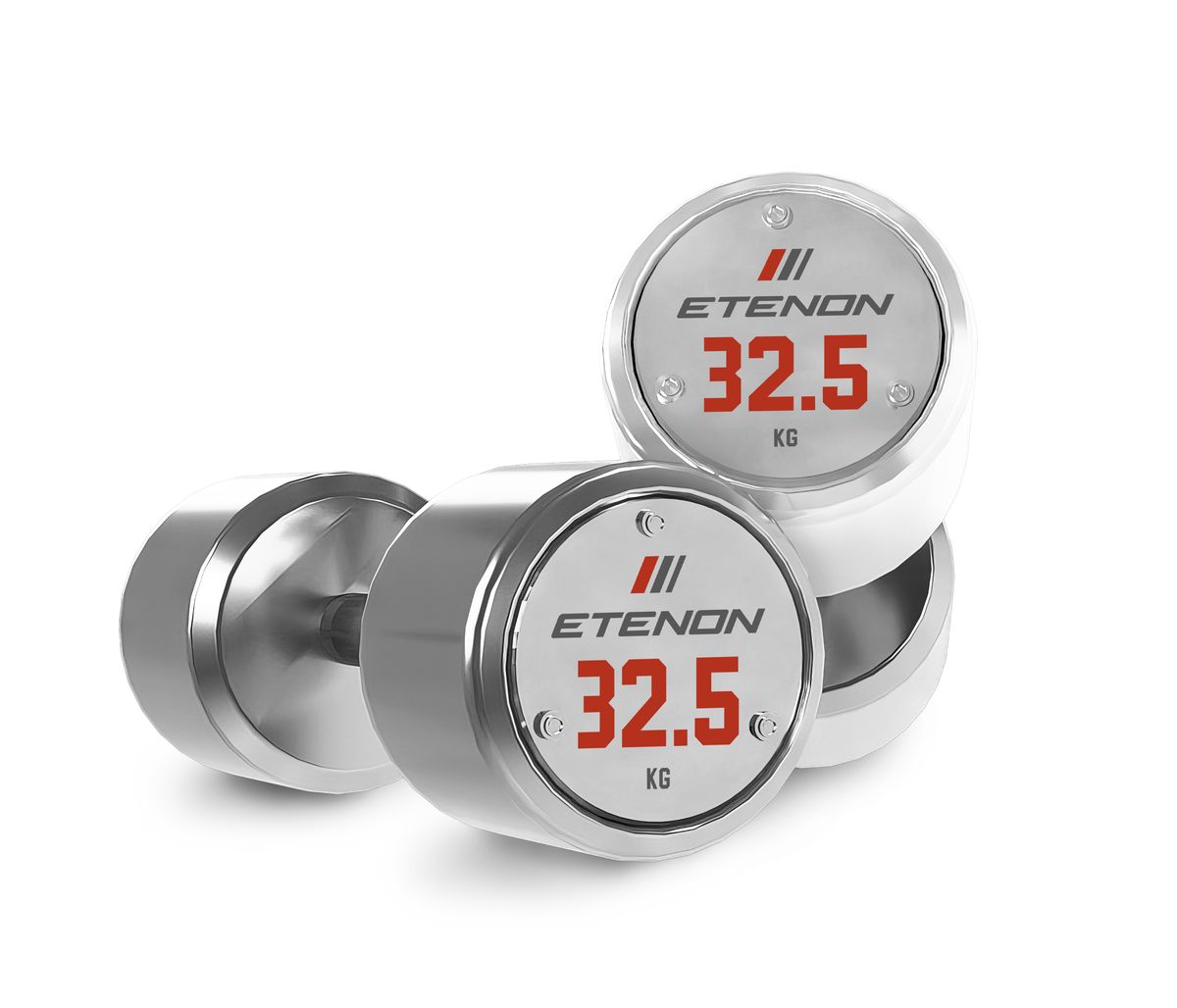 Deux haltères ETENON 32,5 kg argentés sur fond blanc.