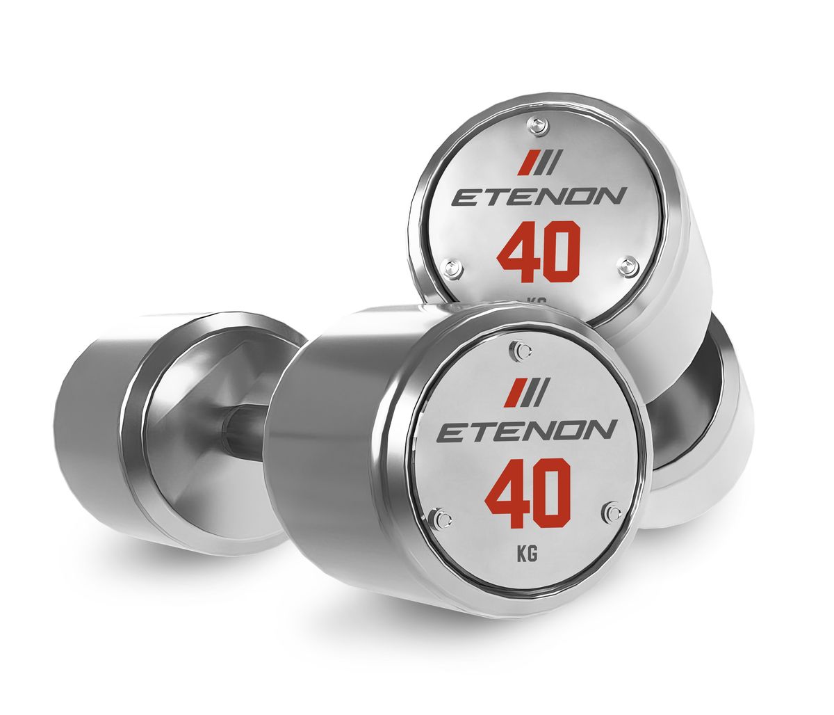 Haltères Etenon chromées de 40 kg sur fond blanc.