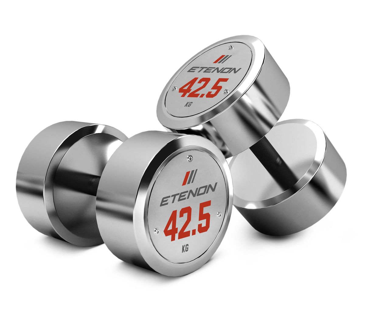 Deux haltères ETENON de 42,5 kg en métal brillant.
