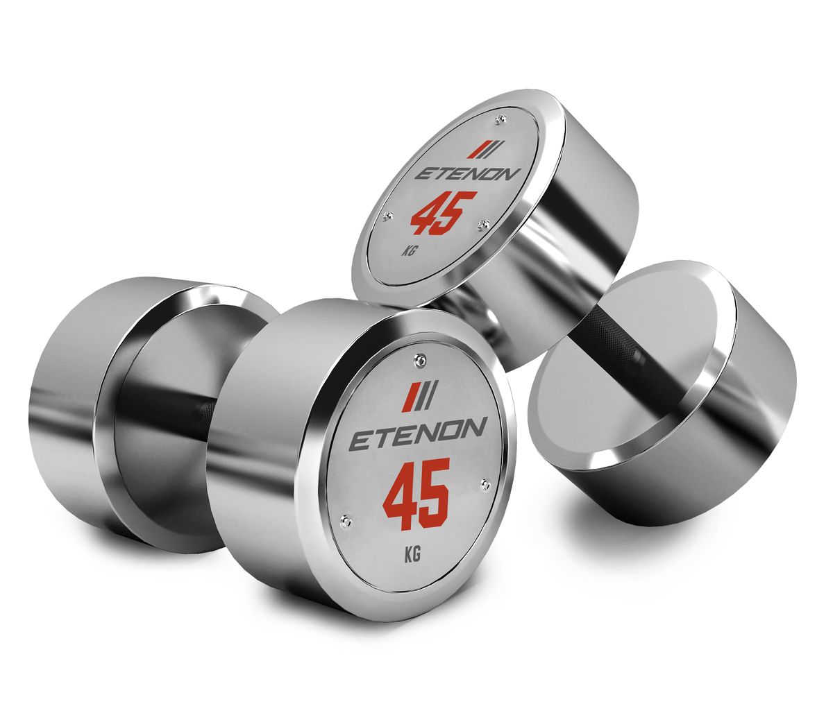 Haltères chromées ETENON de 45 kg sur fond blanc.