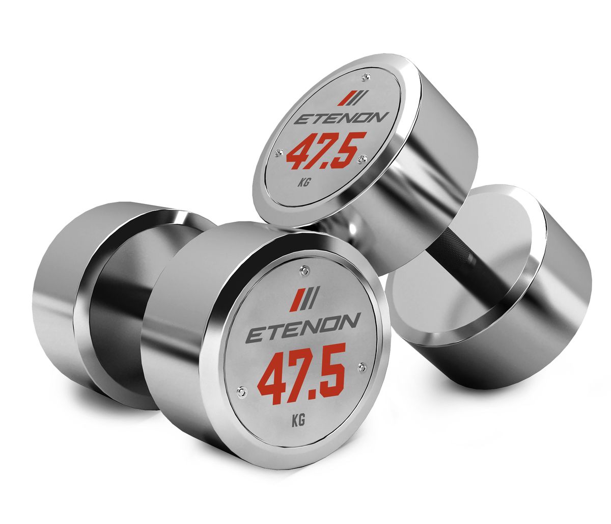 Deux haltères chromés ETENON de 47,5 kg sur fond blanc.