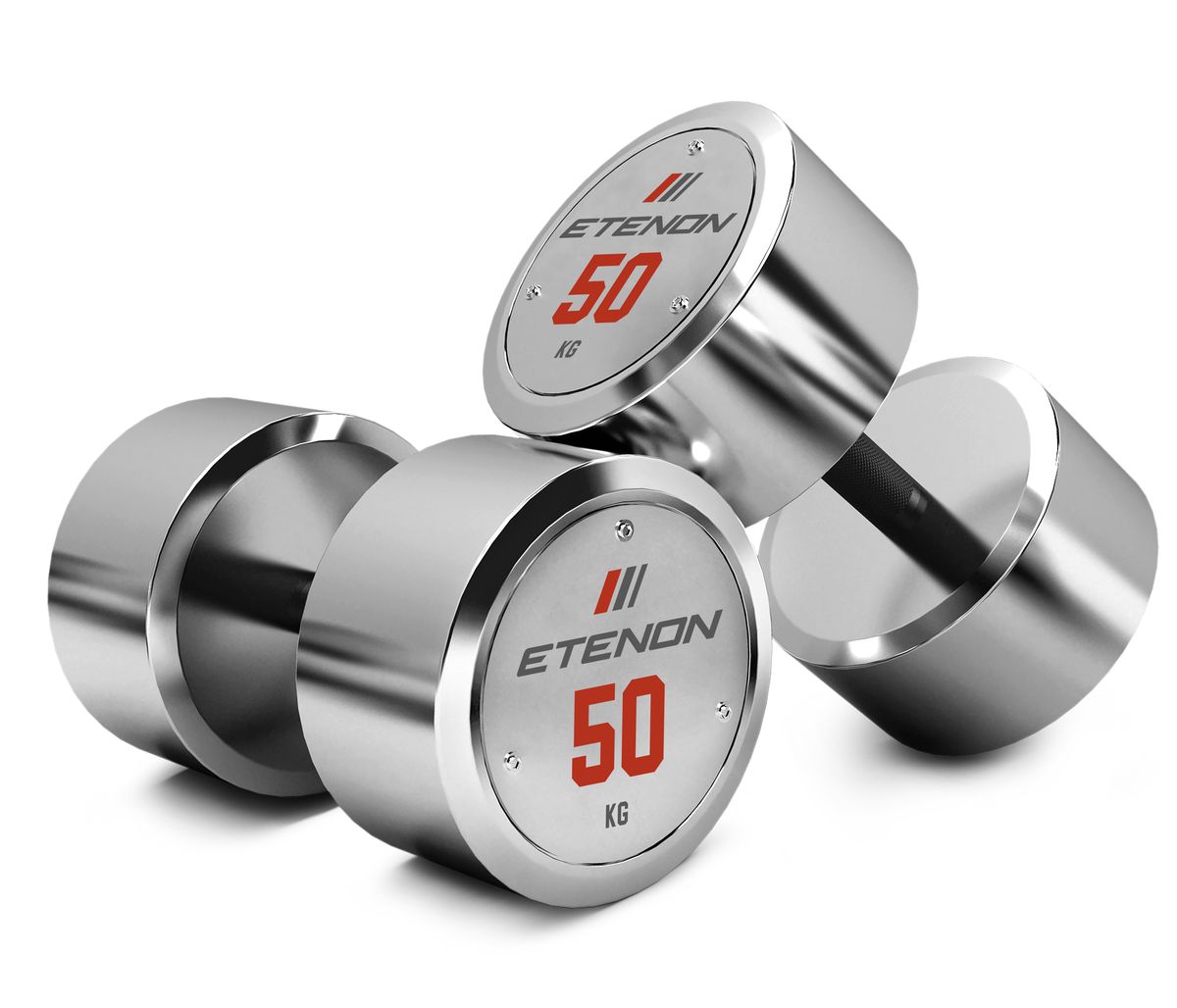 Deux haltères chromés ETENON de 50 kg sur fond blanc.