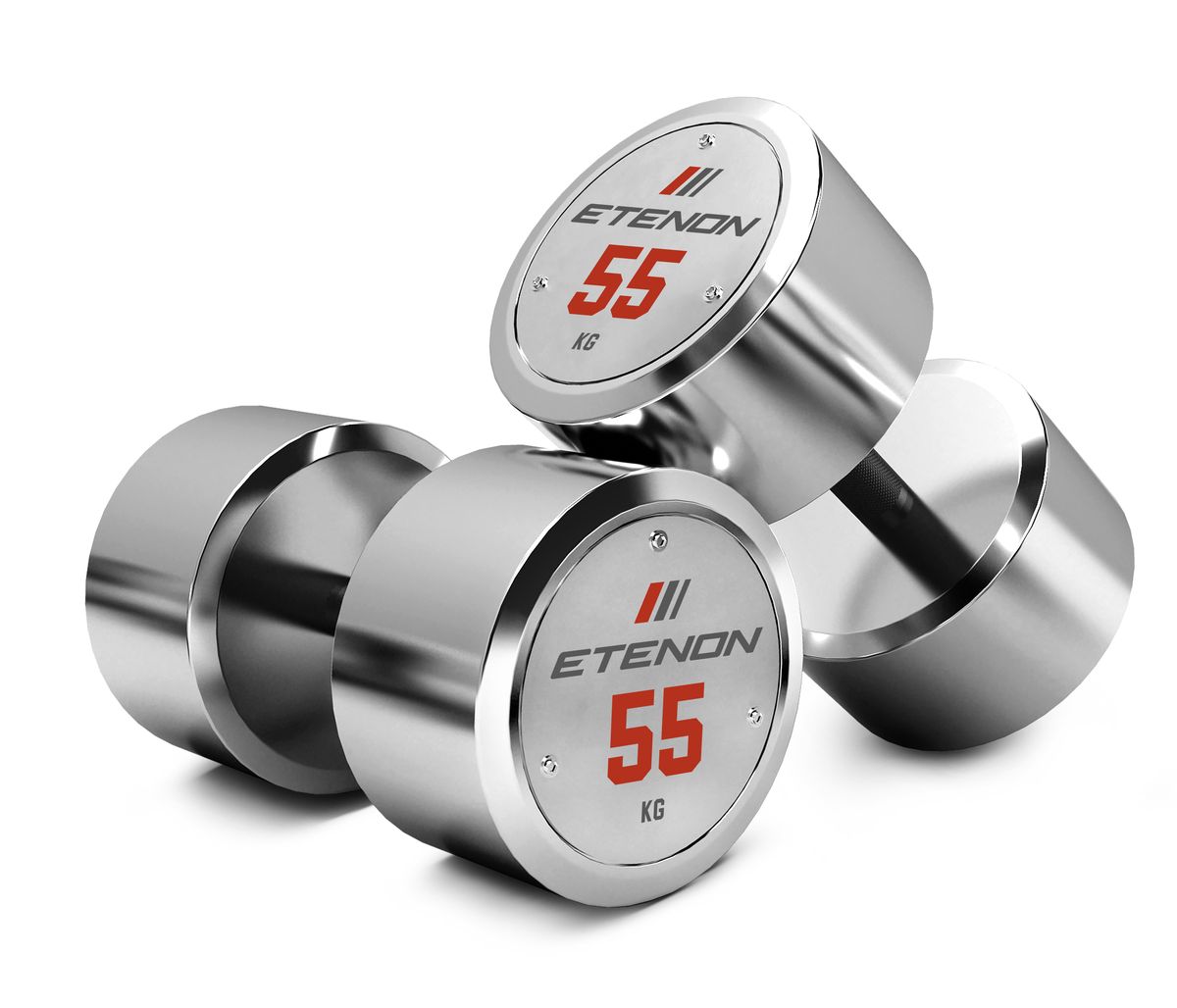Haltères chromées Etenon de 55 kg sur fond blanc.