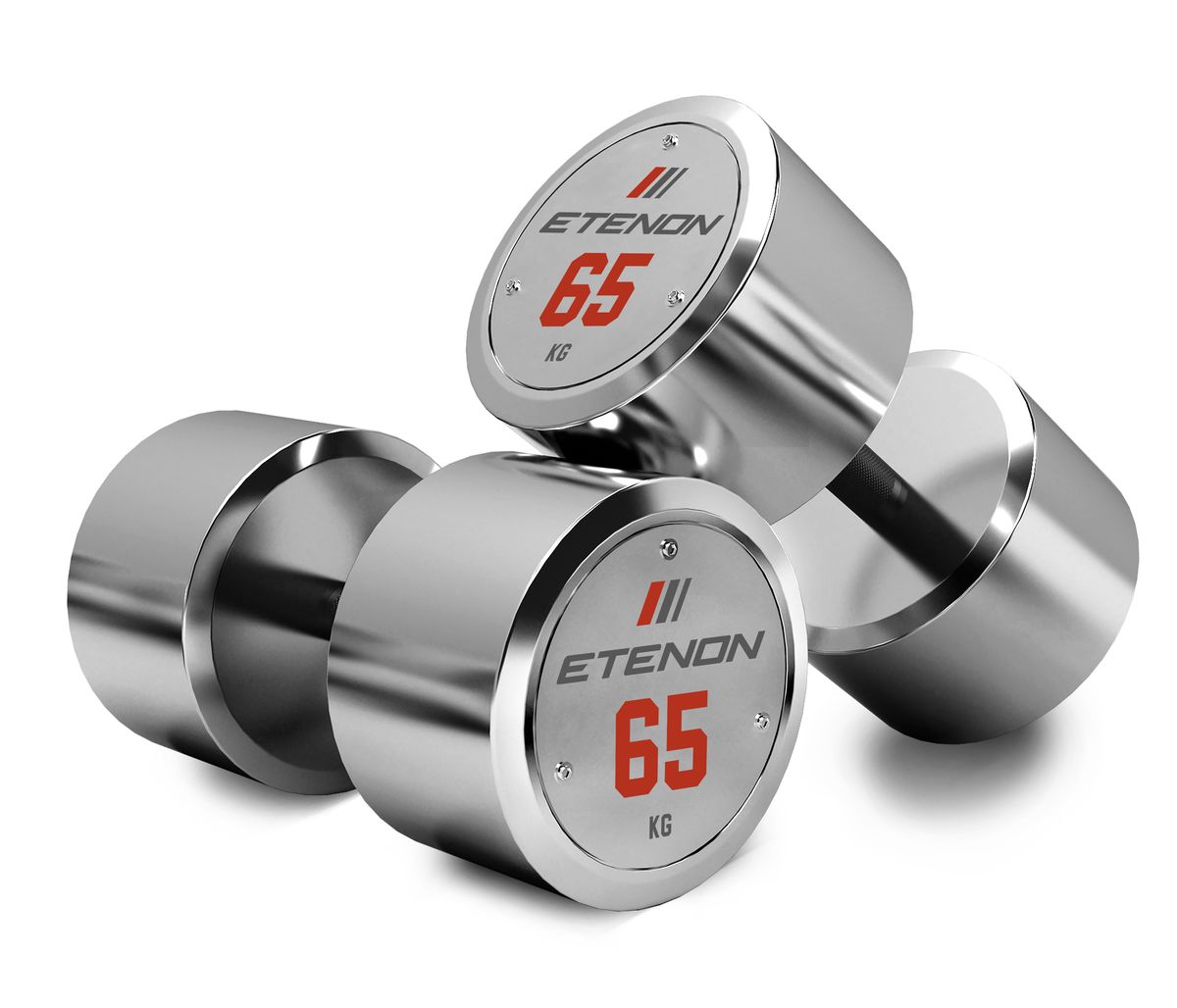 Deux haltères ETENON chromés de 65 kg sur fond blanc.