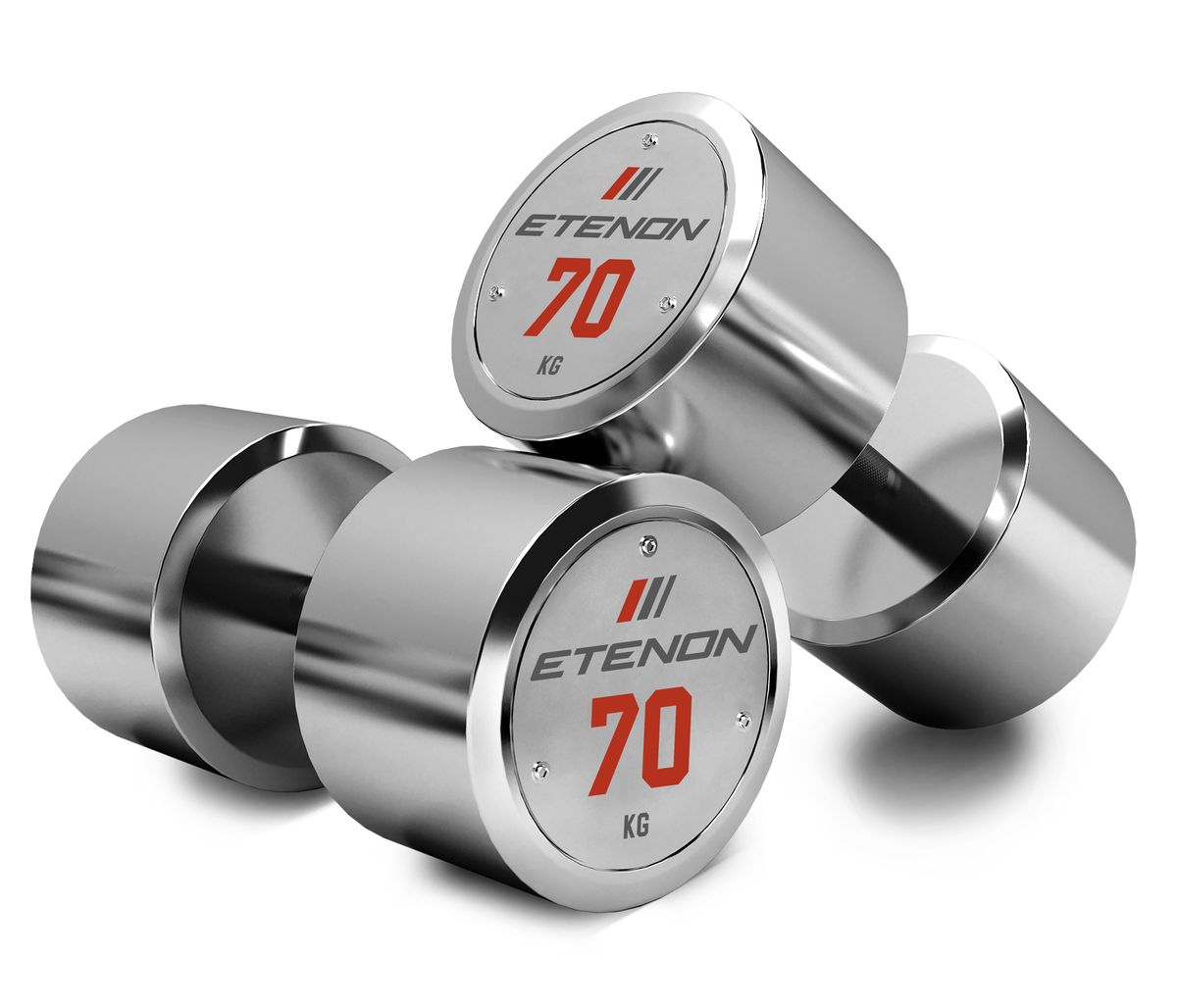 Deux haltères ETENON chromées de 70 kg sur fond blanc.