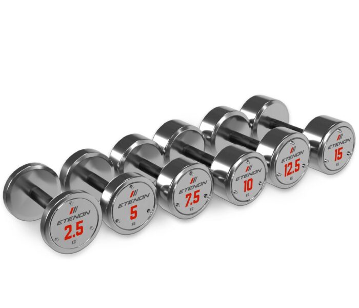 Ensemble d'haltères chromés Etenon de 2,5 kg à 15 kg.