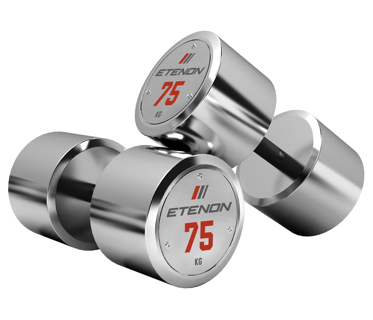 Deux haltères Etenon chromés de 75 kg sur fond blanc.