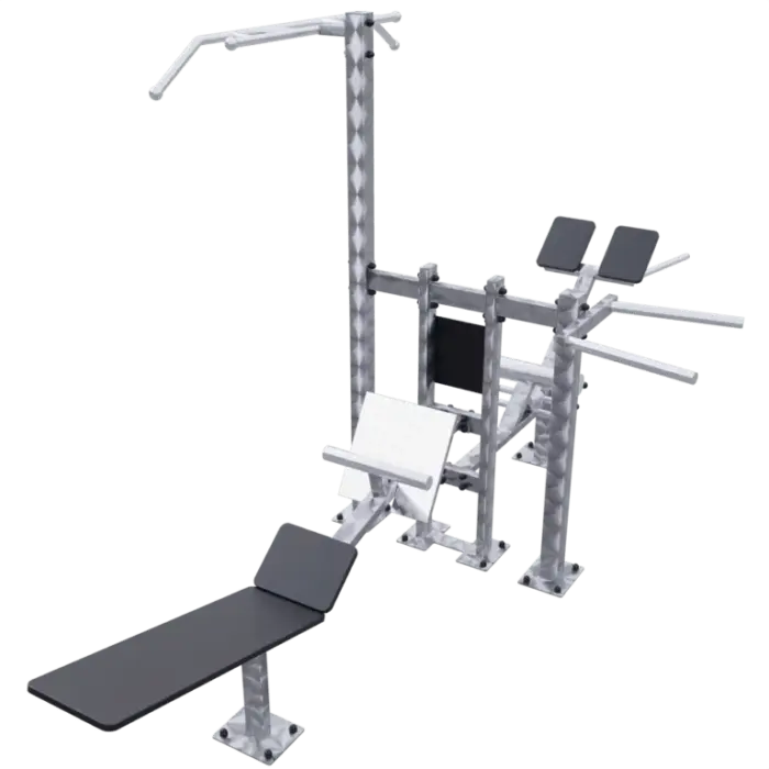 Station de musculation extérieure avec barre, presse et banc.