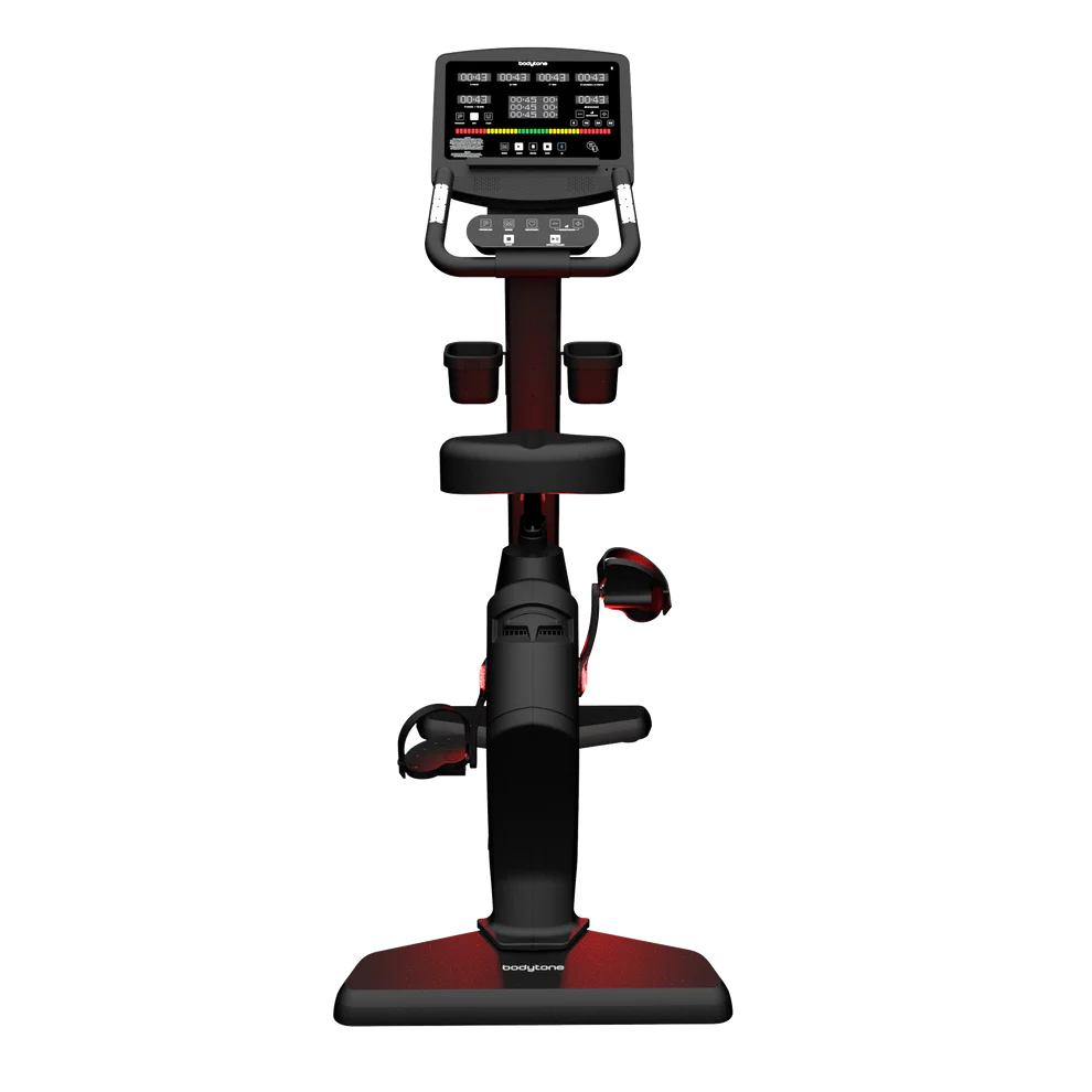 Vélo d'appartement Bodytone noir avec accents rouges.