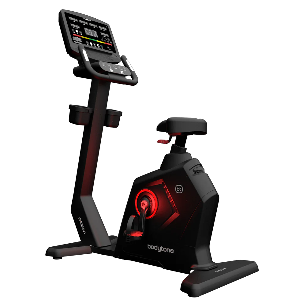 Vélo d'appartement Bodytone noir avec écran et éclairage rouge.