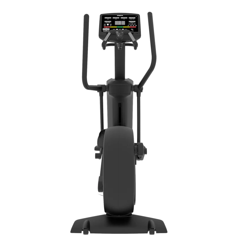 Appareil elliptique de fitness noir, vue de face, écran numérique.