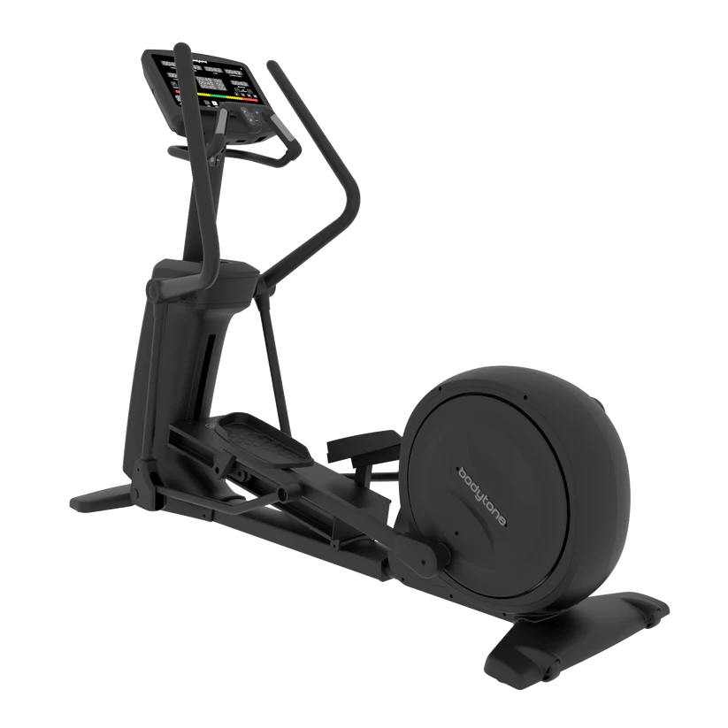 Vélo elliptique Bodytone noir et moderne sur fond blanc.