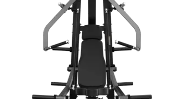 Machine de musculation noire et grise pour presse pectorale.