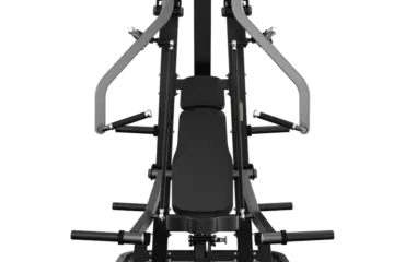 Machine de musculation noire et grise pour presse pectorale.