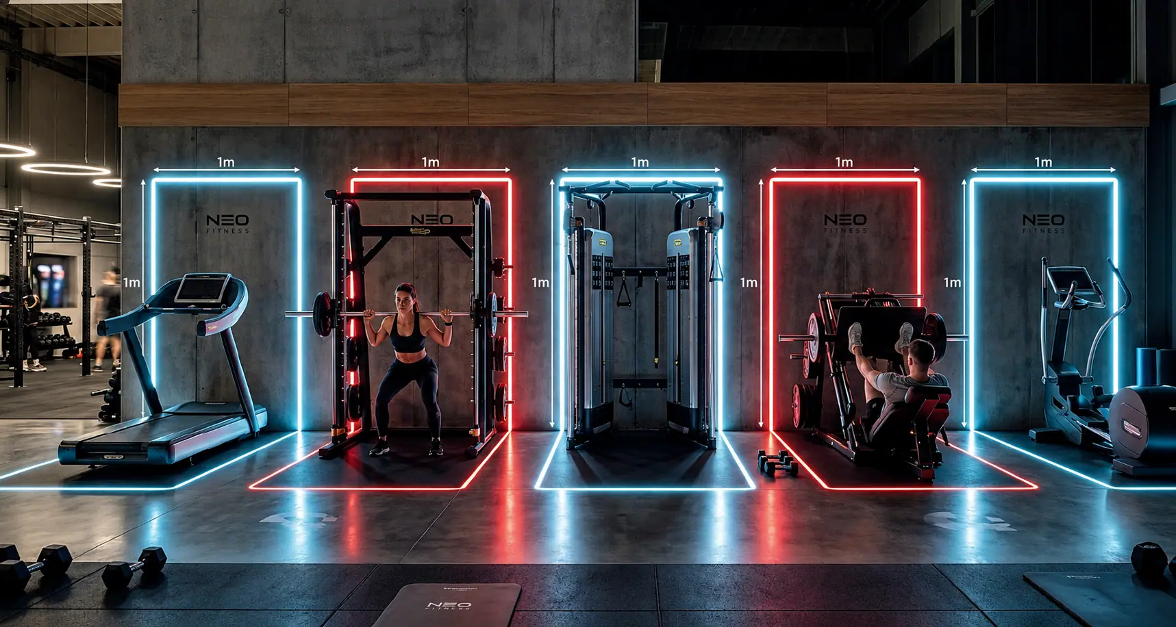 Gym Fitness : zones d'exercice néon délimitées, sécurité et distance.
