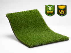 Gazon artificiel vert avec protections UV et santé.
