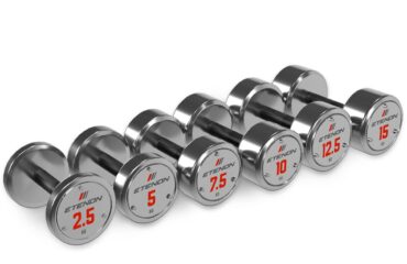 haltères etenon iron hc vs watson pro dumbbells le duel acier chromé inox massif, preuves à l’appui Haltères chromées ETENON de différents poids alignées
