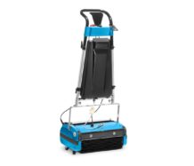 Machine de nettoyage de sol professionnelle bleue et noire.
