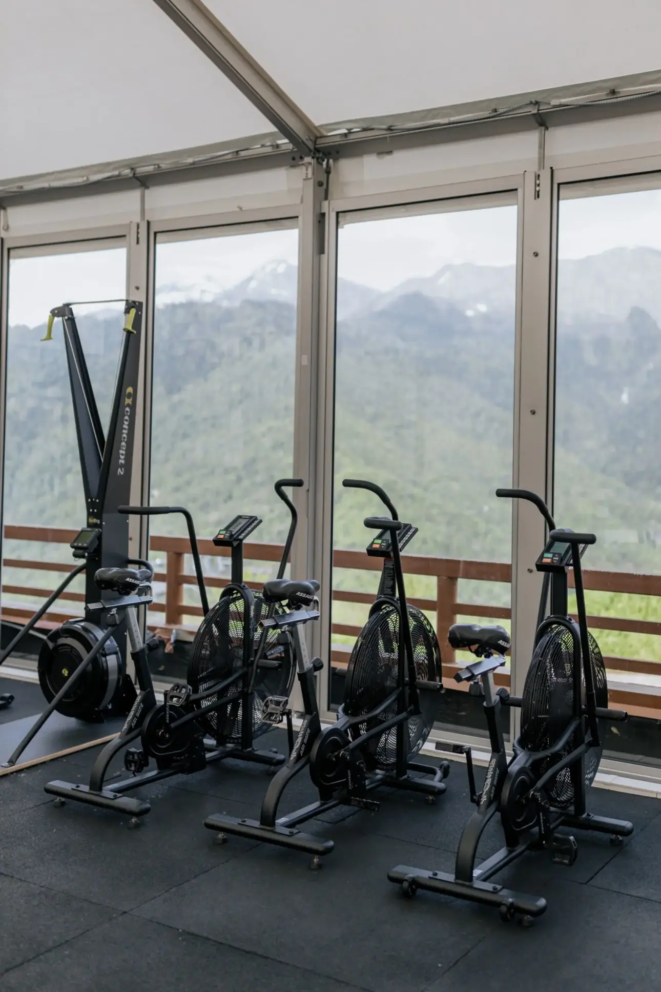 Équipement de gym (rameur, vélos) avec vue sur les montagnes.