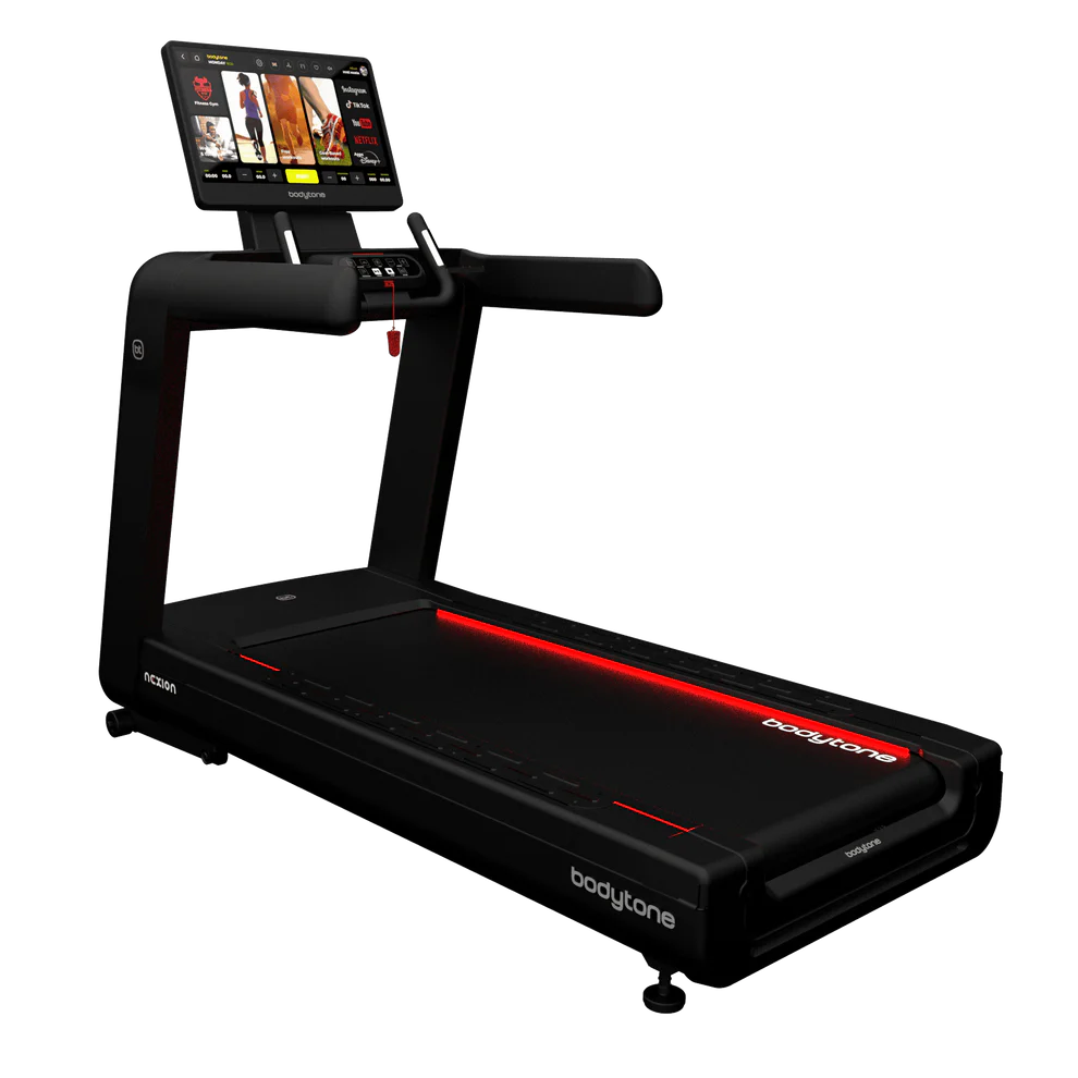 Tapis de course noir moderne Bodytone avec écran tactile.