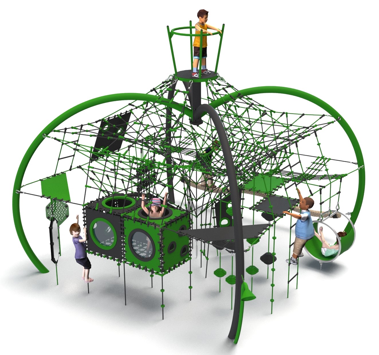 Aire de jeux moderne avec filets, plateformes et enfants.