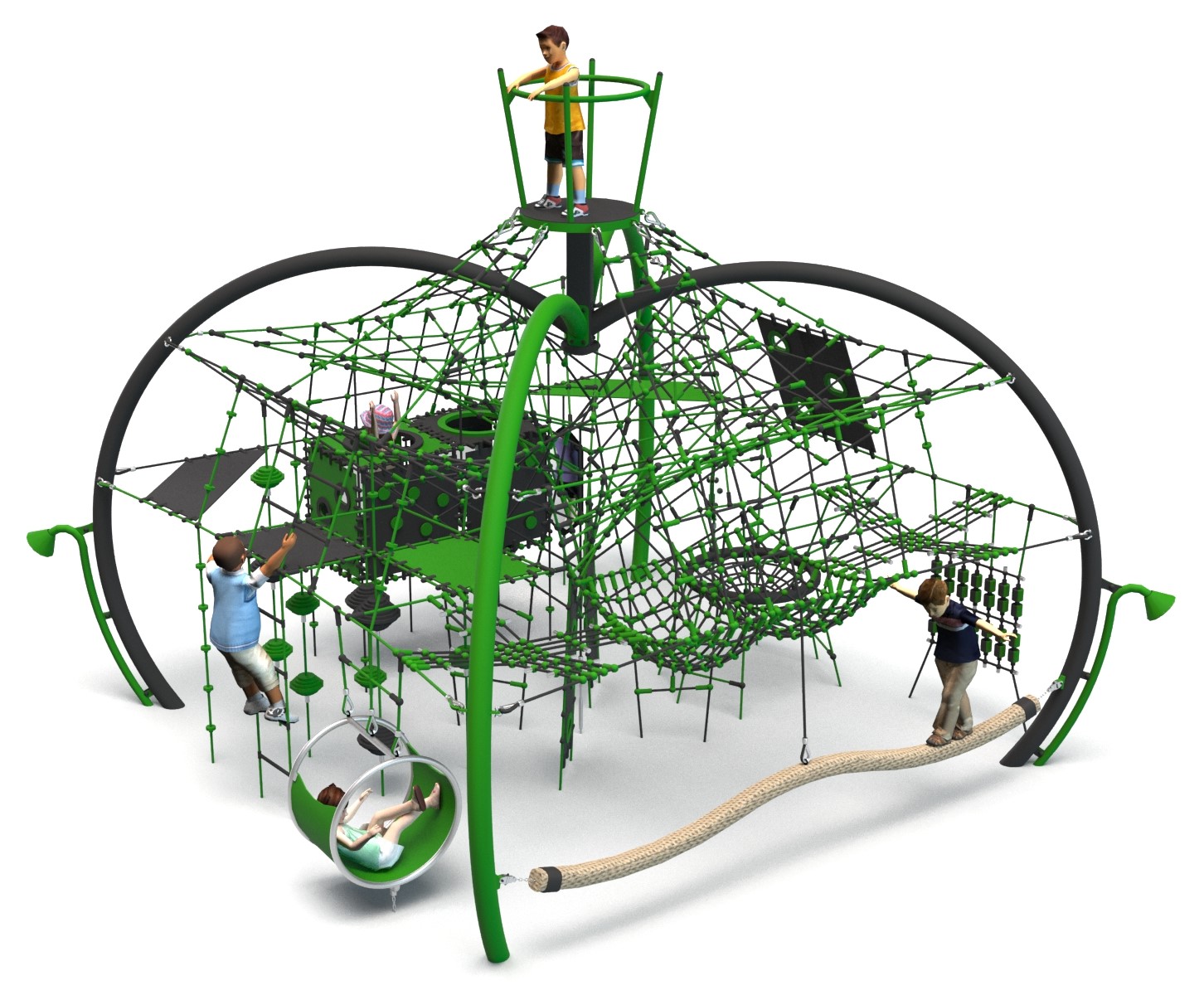 Aire de jeux enfants, structure filet, escalade, balançoire