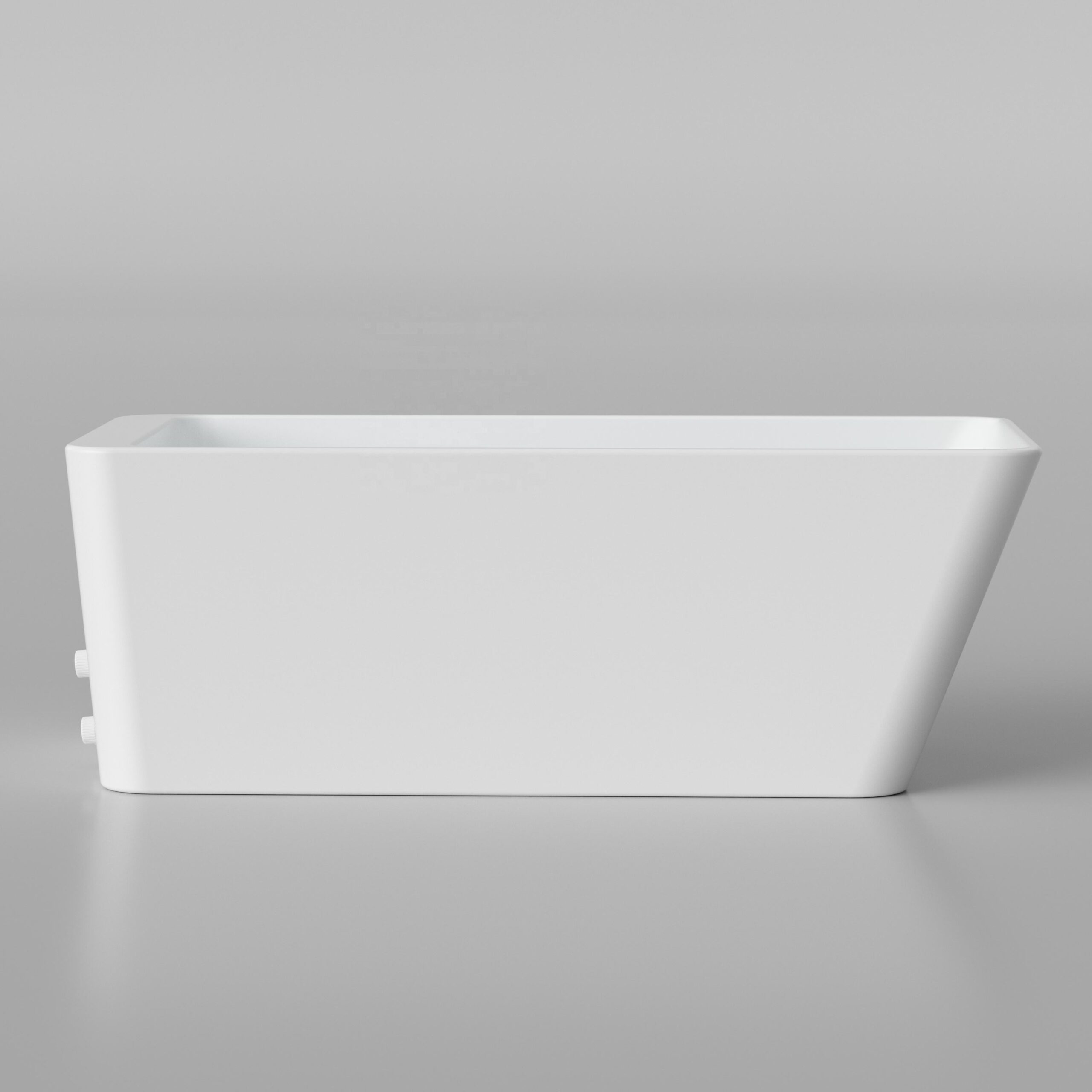 Baignoire îlot blanche moderne, design minimaliste sur fond gris.