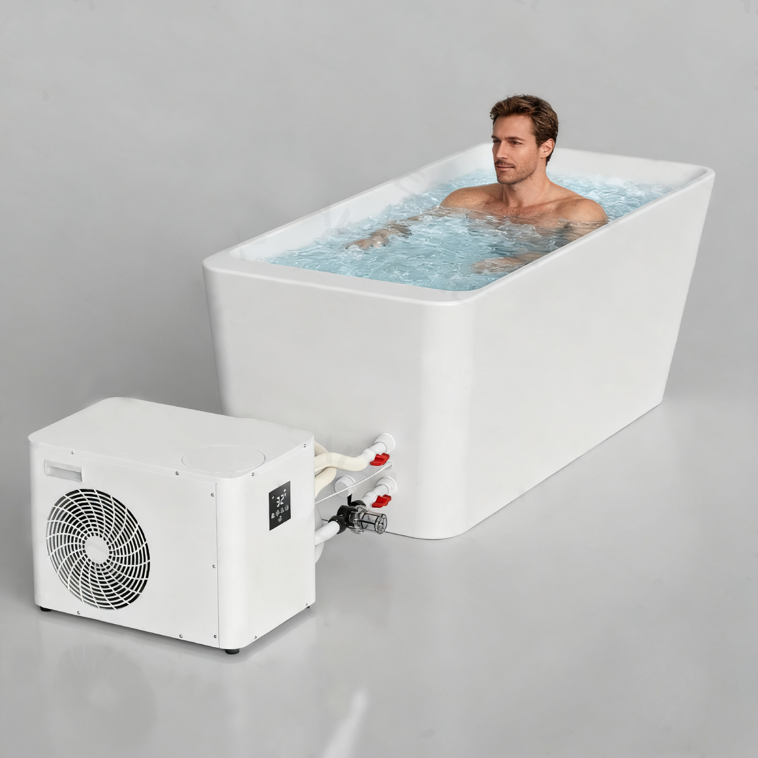 Homme dans une baignoire de glace avec refroidisseur externe.