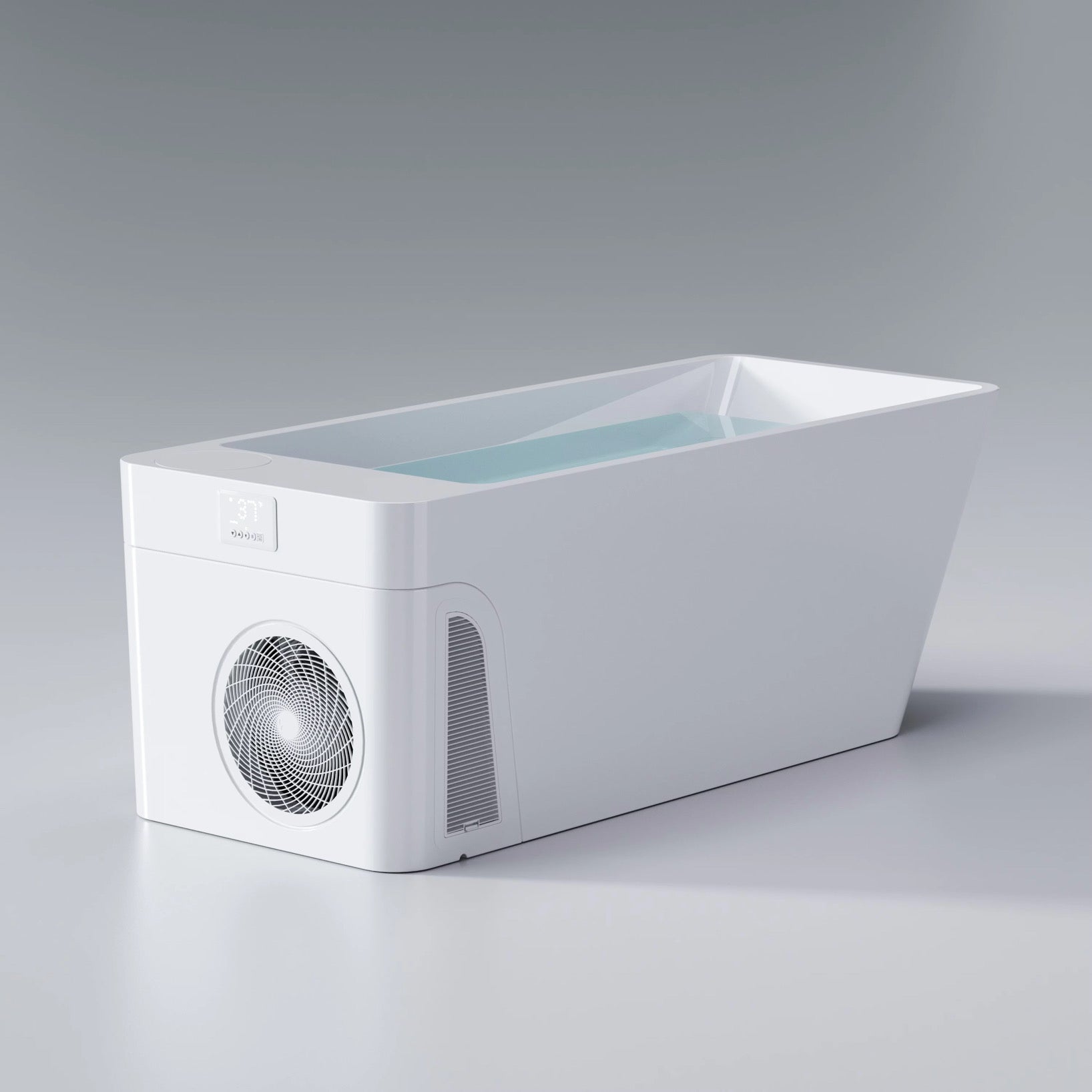 Baignoire d'immersion à froid blanche avec unité de refroidissement intégrée.