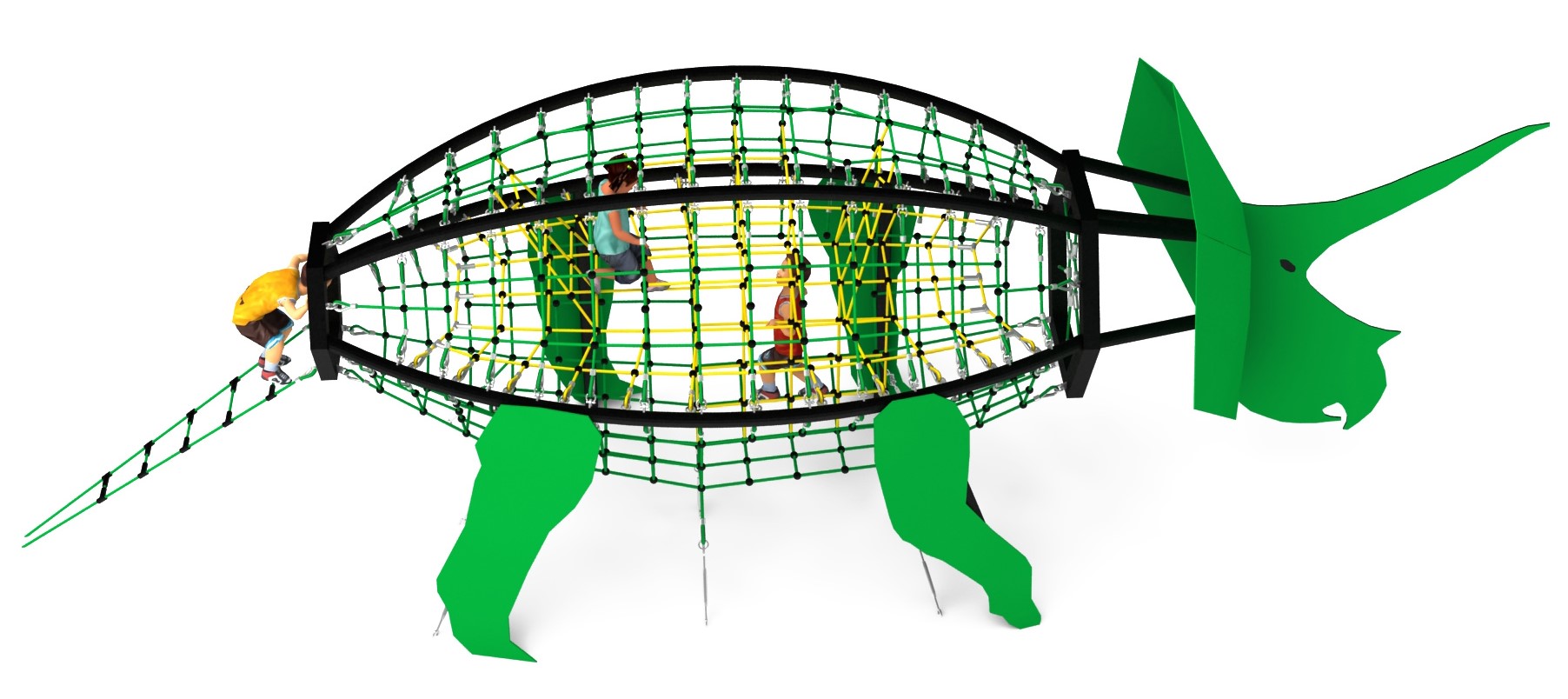 structure de jeu thematique dinosaure triceratops en corde pour aire de jeux
