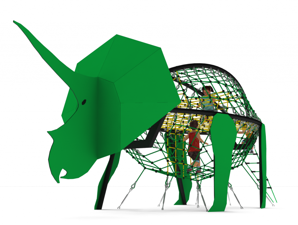 structure de jeu thematique dinosaure triceratops en corde pour aire de jeux