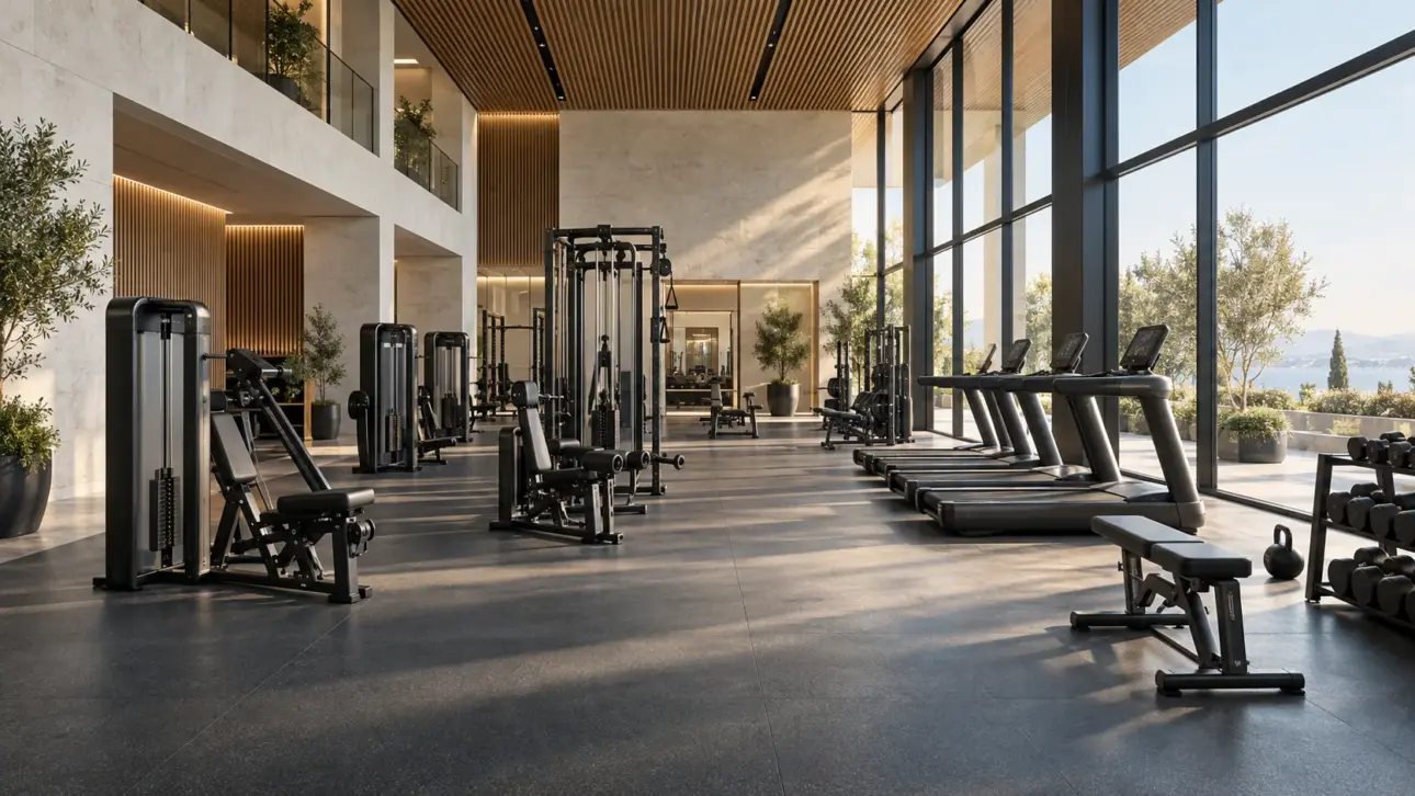 Inspiration d’un espace fitness haut de gamme, avec machines de musculation, cardio et baies vitrées