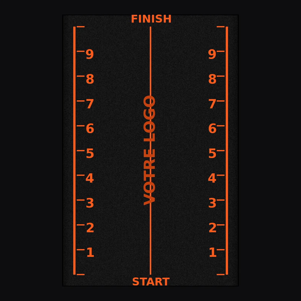 Piste de Sprint Gazon 16 mm Superior, vue de dessus, marquage orange sur gazon noir