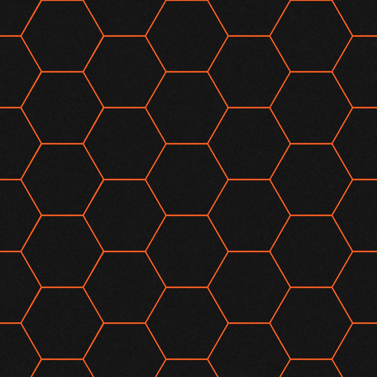Sol Sportif 6 mm Motif Hexagonal — Motif à Dalle Unique, motif orange sur fond noir, vue de dessus