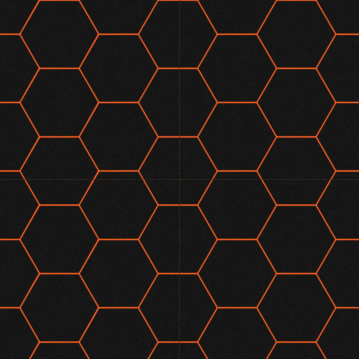 Sol Sportif 6 mm Motif Hexagonal — Motif à Deux Dalles Alternées, motif orange sur fond noir, vue de dessus