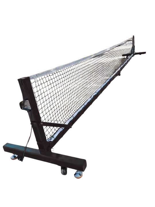 Pickleball net on wheels with stabiliser pads